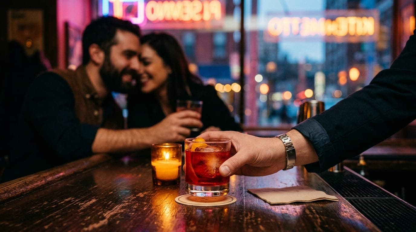 A close-up, candle-lit medium shot of a hand sliding a classic Negroni cocktail across a warm wooden bar top at Intermezzo...