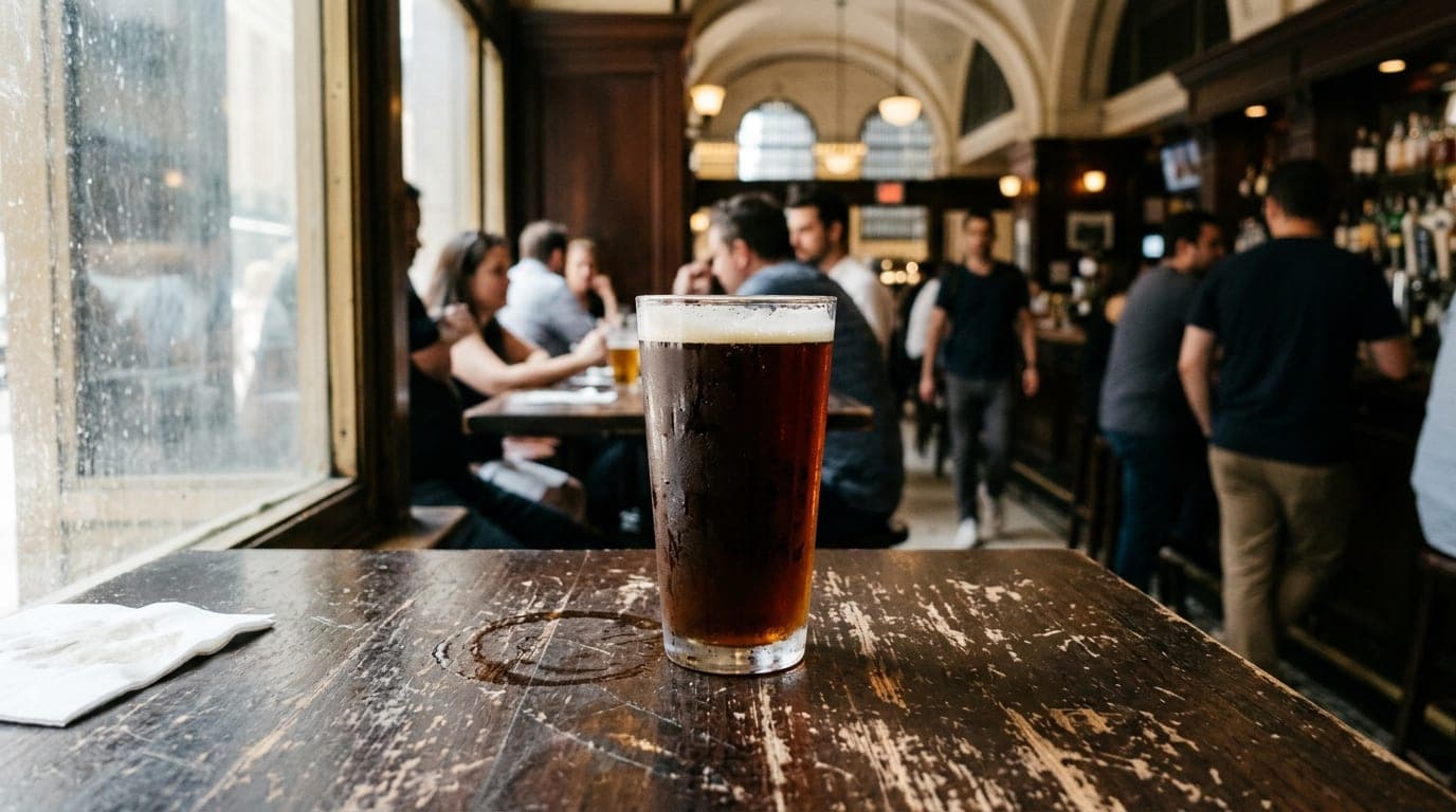 A 35mm close-up captures a condensation-streaked glass of craft beer resting on a worn, dark wooden table at a Grand Centr...
