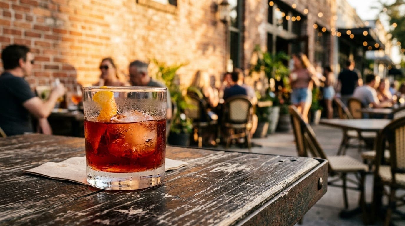 An 85mm portrait captures a vibrant Negroni glass resting on a weathered wooden table at Intermezzo. In the soft golden ho...