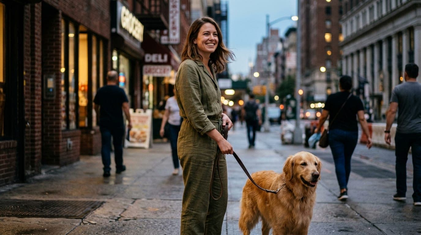 A woman in a vintage linen jumpsuit stands on a Grand Central sidewalk at blue hour, smiling while holding a Golden Retrie...