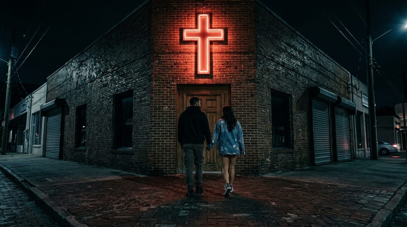 Low-angle 24mm shot at midnight, centered on the glowing neon cross sign of The Saint in St. Petersburg. A couple in casua...
