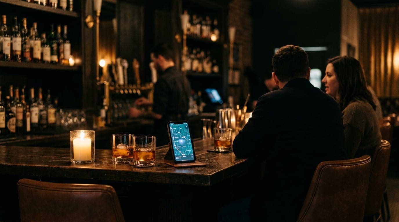 A medium shot at a low-lit Sterling Heights cocktail bar. Two seats face the counter, each with a half-poured bourbon, whi...