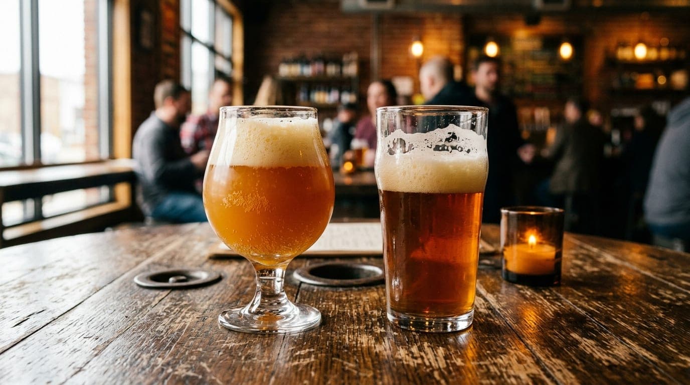 A 100mm macro shot captures two half-full craft beer glasses resting on a rustic wooden brewery table. Natural noon light...