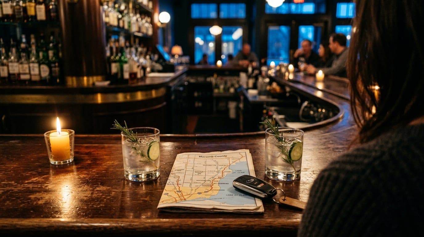 A symmetric over-the-shoulder shot at a dimly lit bar, showcasing two half-poured gin cocktails, a physical map of Macomb...