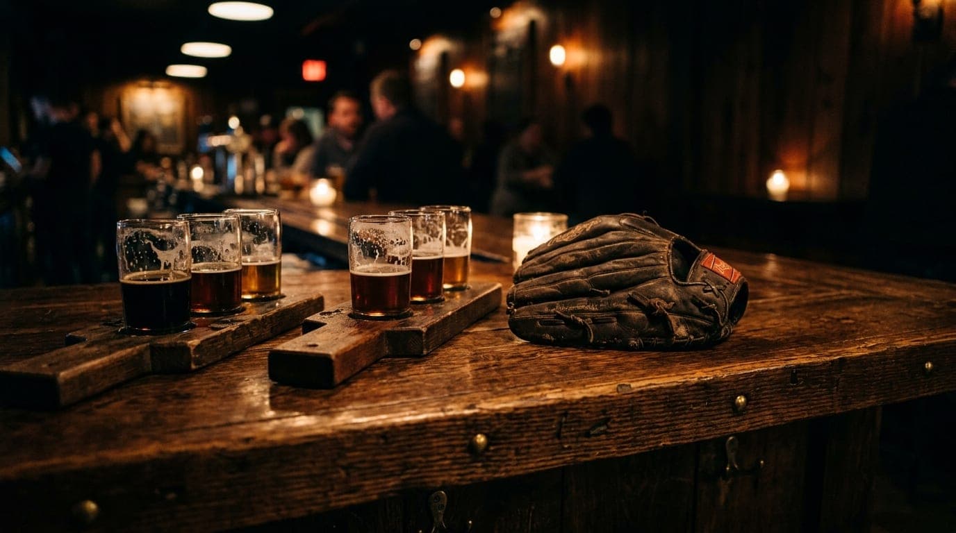 A low-angle shot of a rustic wooden bar top at Brown Iron Brewhouse. Two half-empty craft beer flights sit near a discarde...