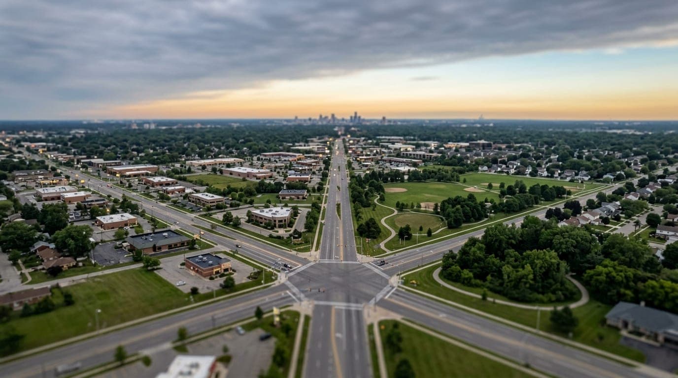 Overhead flat-lay, tilt-shift focus on the sprawling intersection near Dodge Park under a gray morning sky. Leading lines...