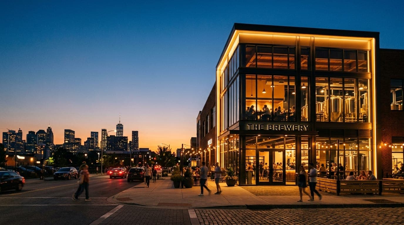 A wide 35mm establishing shot captures the glowing, amber-lit glass facade of a modern craft brewery at dusk. The building...