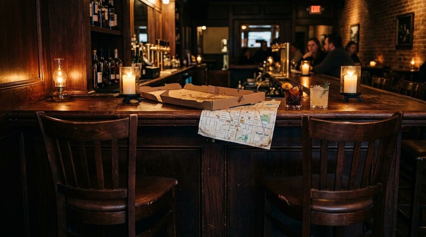 A medium shot captures two empty stools at a candle-lit mahogany bar in a Royal Oak lounge. On the counter, a crumpled piz...