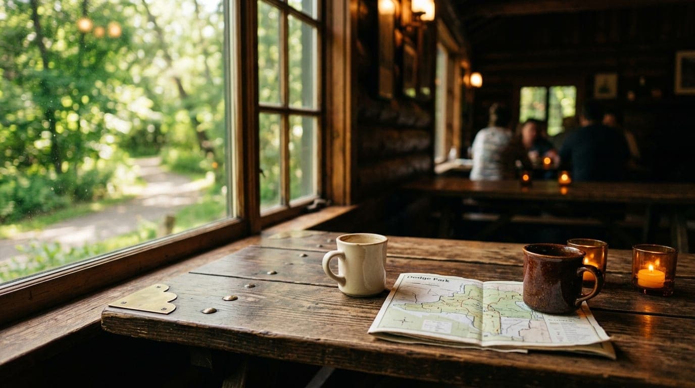A sunlit wooden picnic table at Dodge Park featuring two half-empty coffee cups and a scattered park map, captured from a...