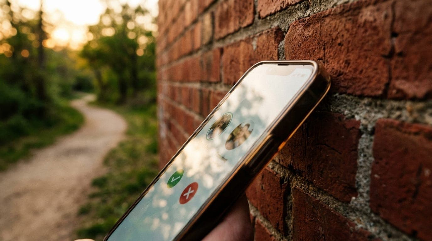 Macro extreme close-up of a smartphone screen showing a Tinder profile, reflected against the weathered red brick of a loc...