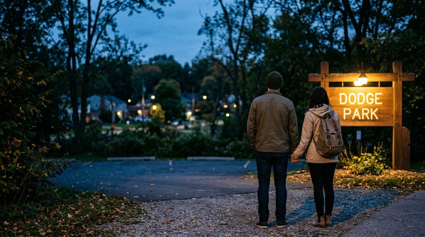 35mm documentary shot at blue hour. A couple wearing light jackets stands near the illuminated Dodge Park entrance sign, v...