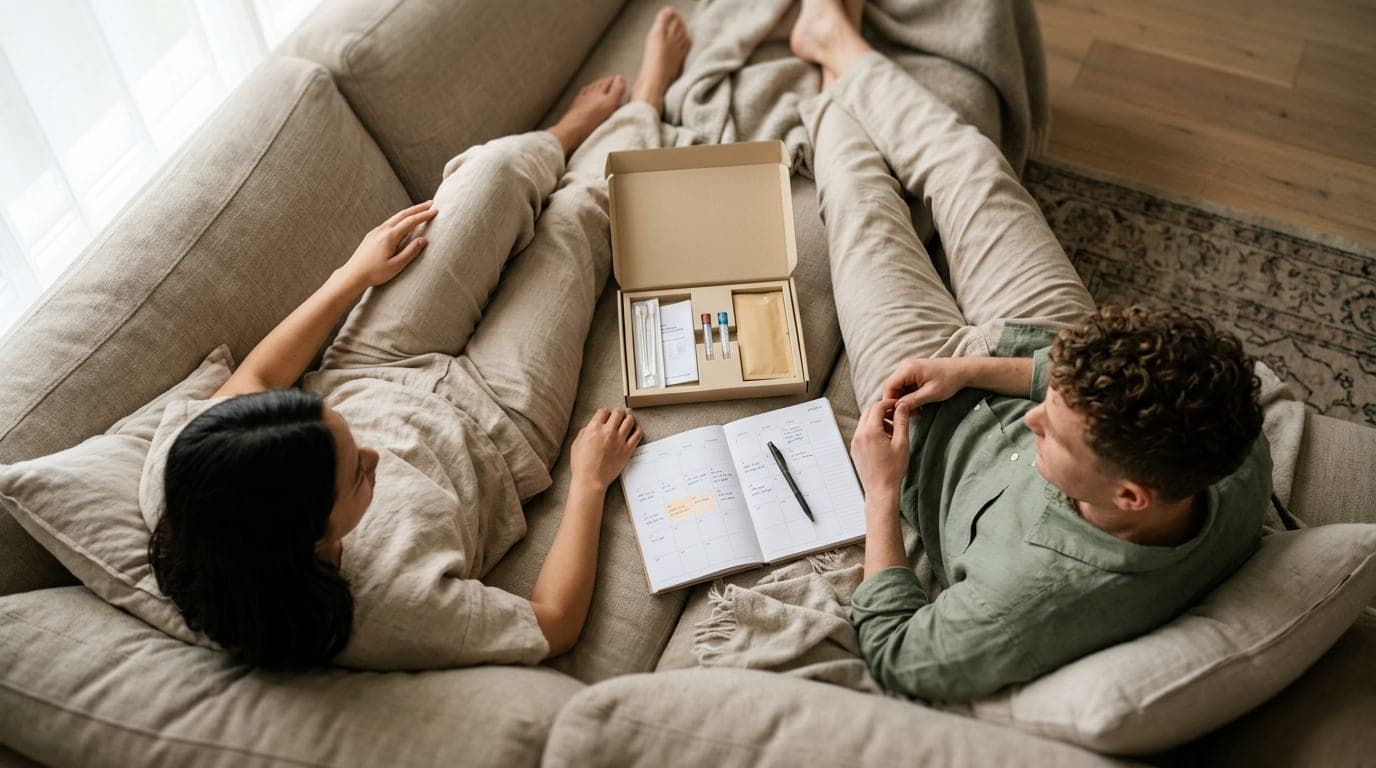 Overhead flat-lay of a couple on a beige sofa, dressed in linen loungewear. Between them, an open clinical test kit and a...