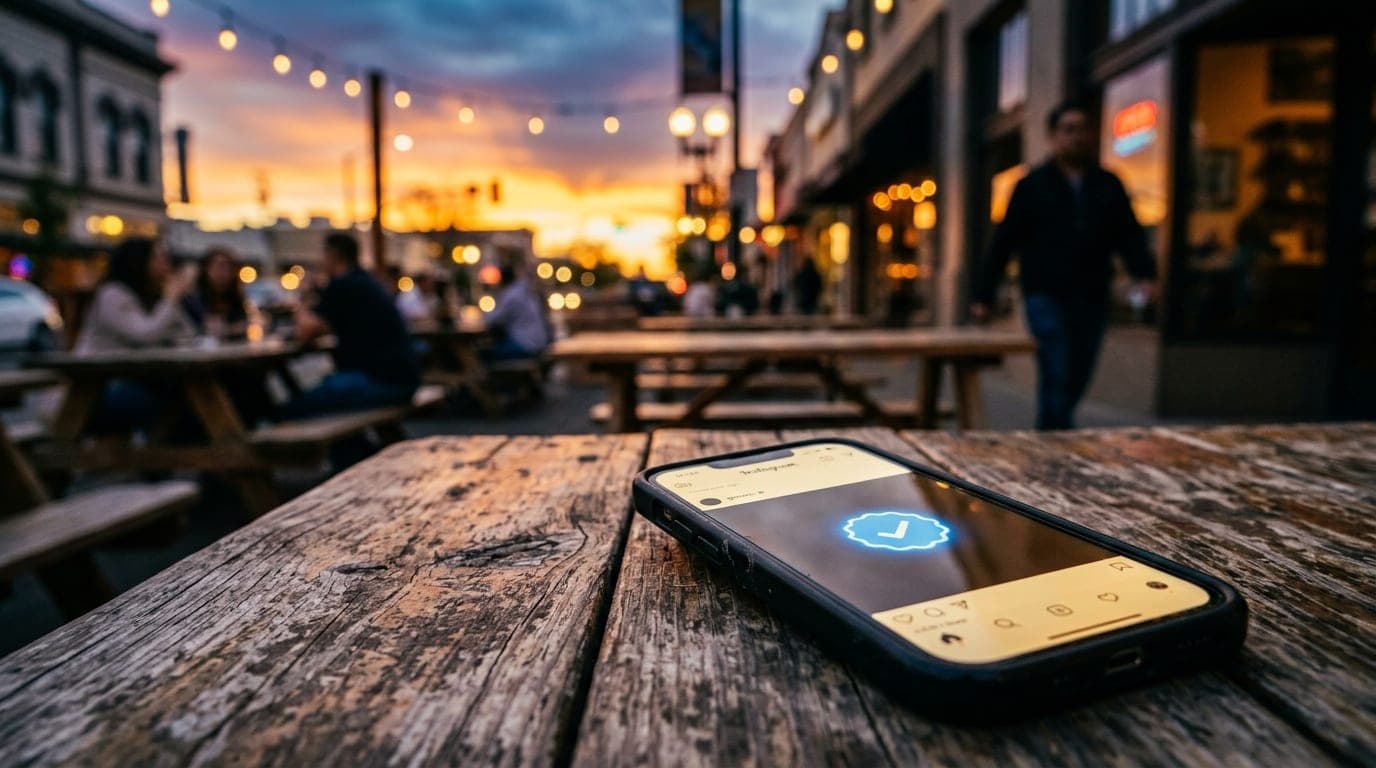 A close-up of a glowing smartphone screen displaying a verification badge, resting on a weathered wooden patio table at a...