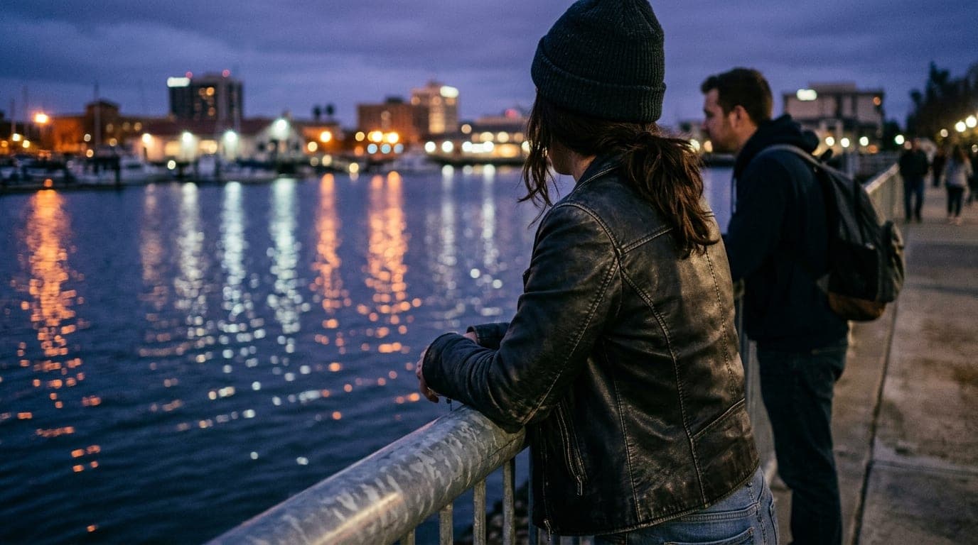 A couple stands near the Stockton Marina waterfront at blue hour. A woman in a black leather jacket leans against a metal...