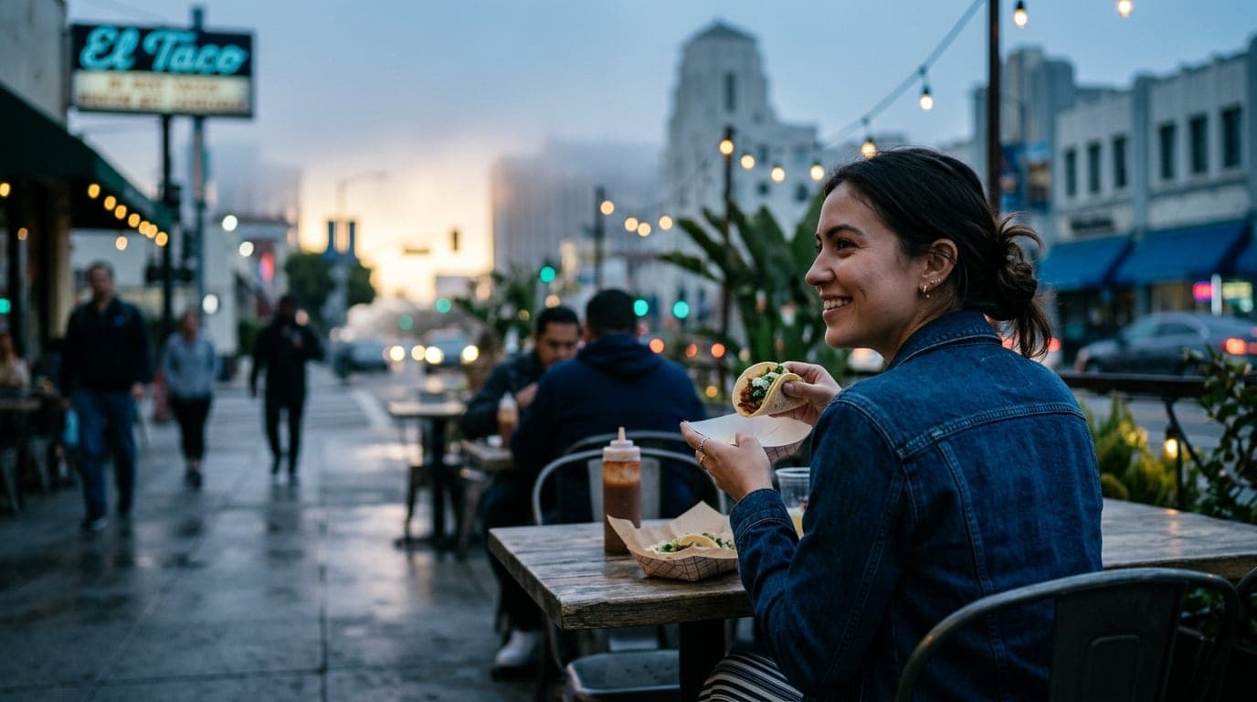 A woman in a casual denim jacket sits at an outdoor table near the Miracle Mile, holding a taco from a paper tray. 35mm do...