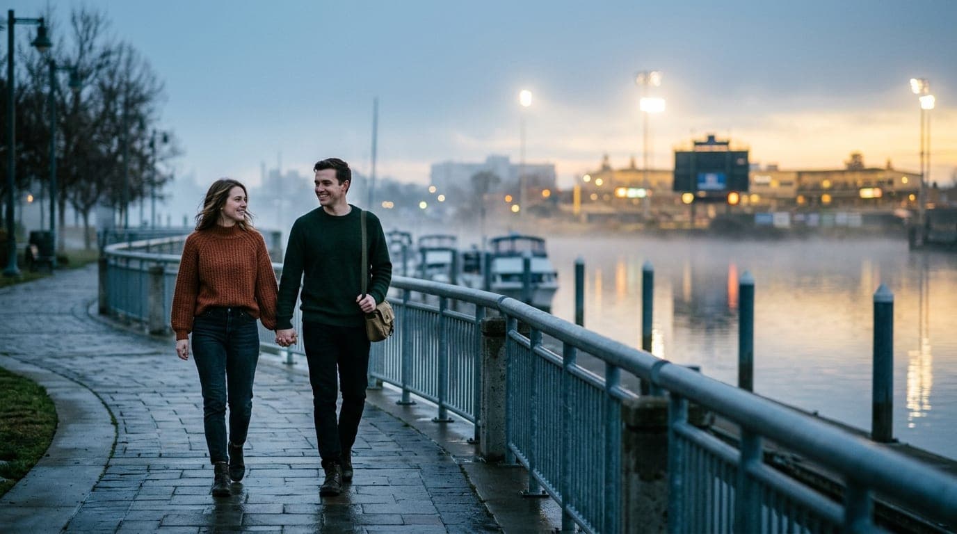 A couple in casual sweaters walks along the Stockton Waterfront at night. A blurred view of the illuminated Banner Island...
