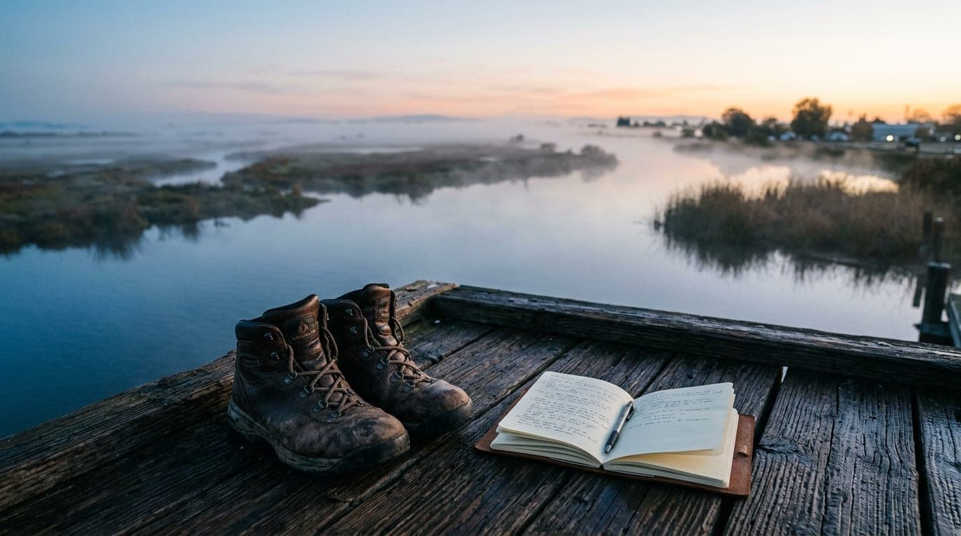 A worn pair of hiking boots rests on a weathered wooden pier overlooking the San Joaquin Delta at dawn. A leather-bound no...