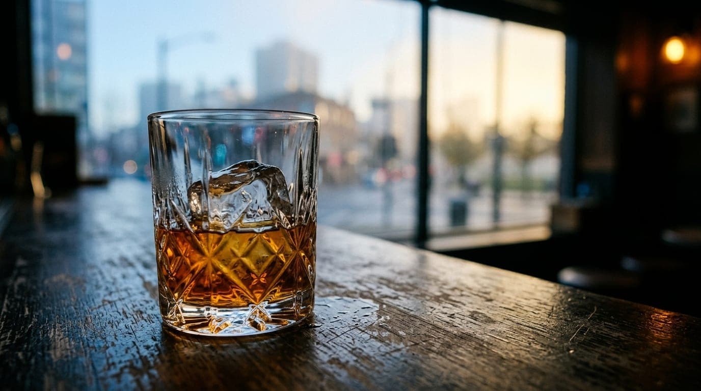 A 100mm macro shot focuses on a single crystal whiskey glass resting on a dark, scratched wooden bar top, highlighting amb...