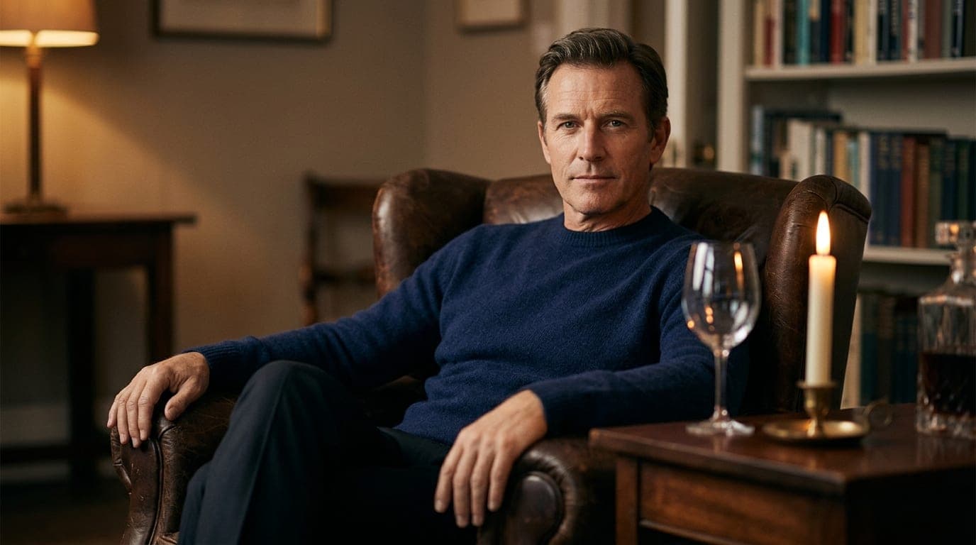A man in a navy cashmere sweater sits calmly on a leather armchair. Candlelight illuminates his steady gaze, with an empty...
