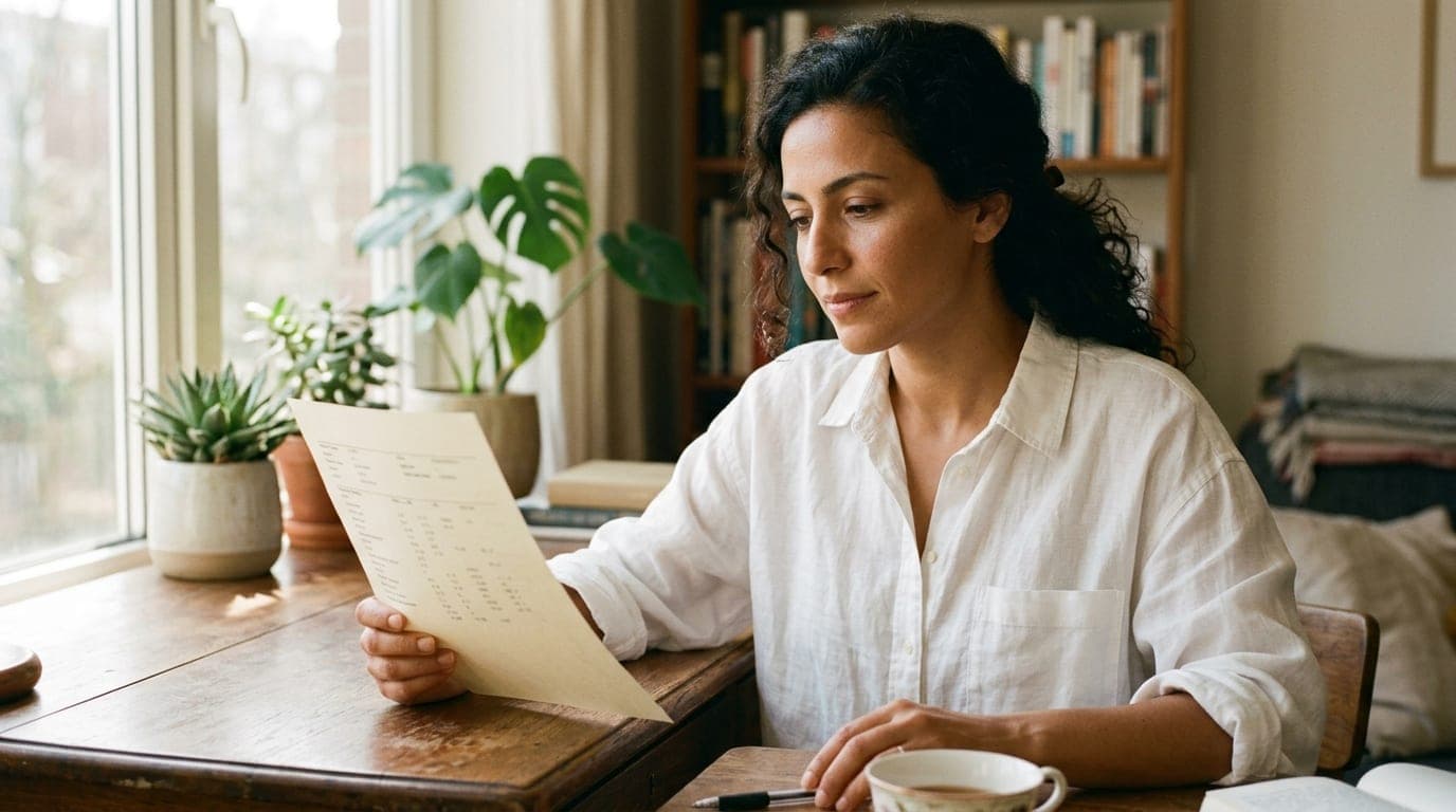 A woman in a crisp white linen shirt sits at a wooden desk by a window. She reviews a medical lab report, her expression c...