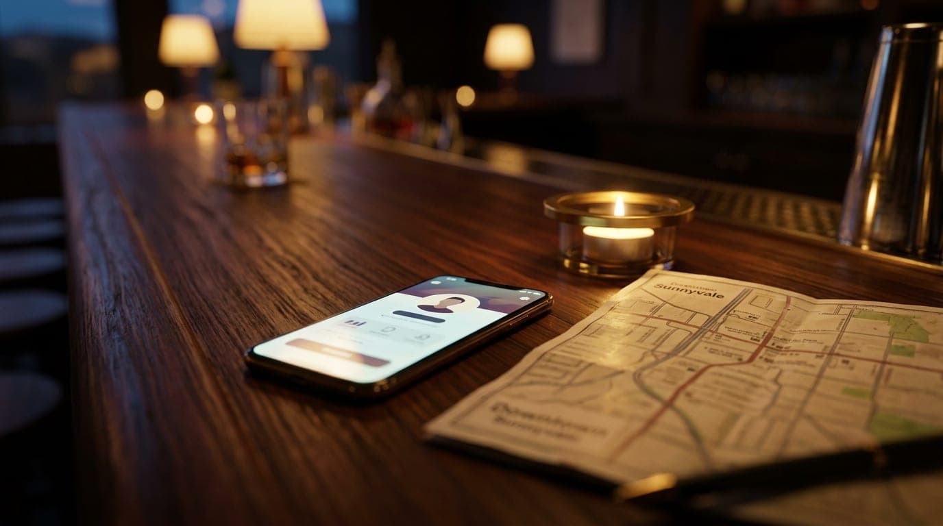 A tilt-shift macro shot focuses on a glowing smartphone screen resting on a dark wood bar, displaying a profile bio, besid...