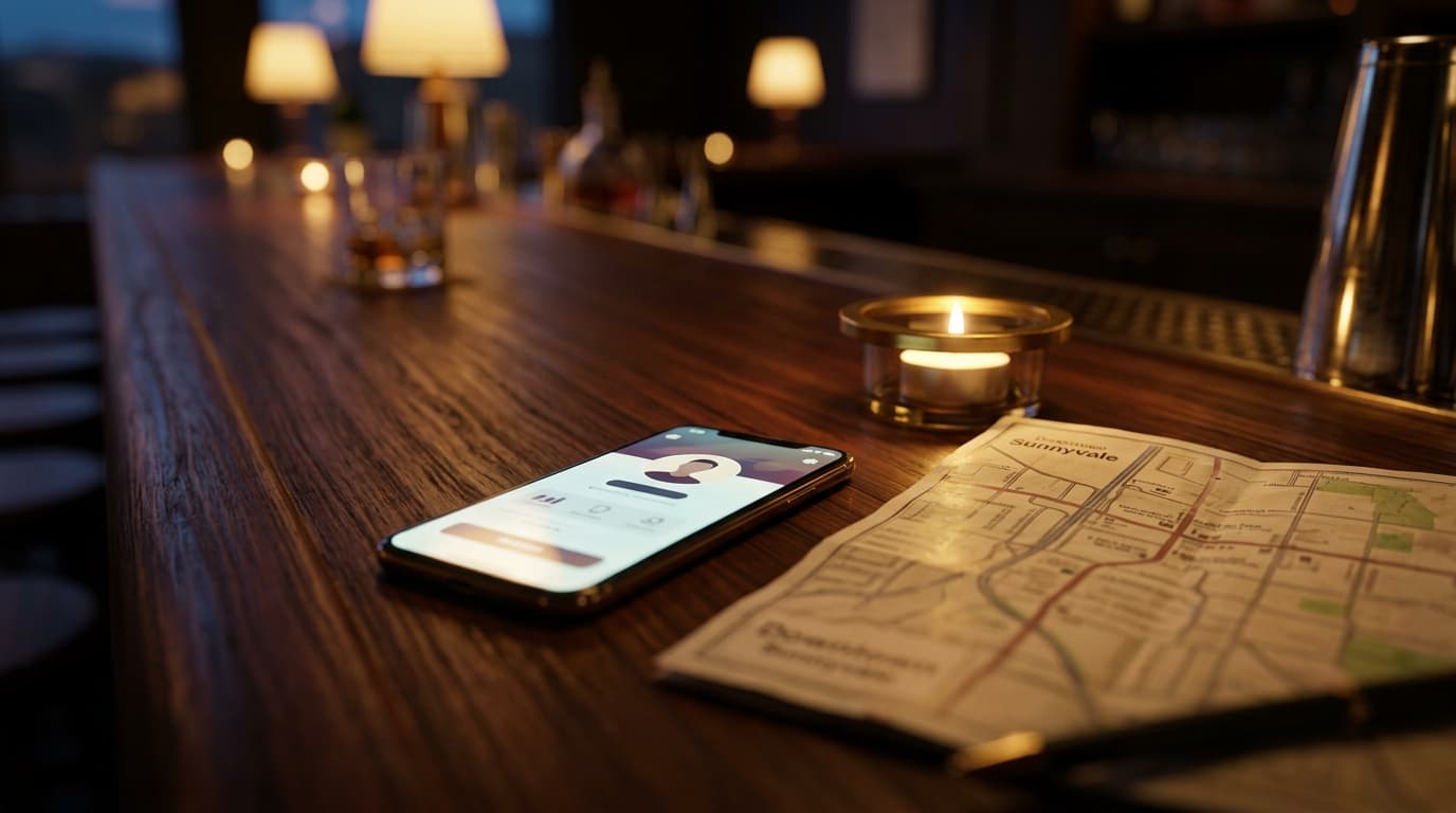 A tilt-shift macro shot focuses on a glowing smartphone screen resting on a dark wood bar, displaying a profile bio, besid...