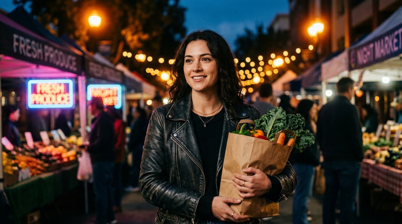 A woman in a casual leather jacket holds a paper bag of fresh produce, standing before a vibrant Sunnyvale farmers market...