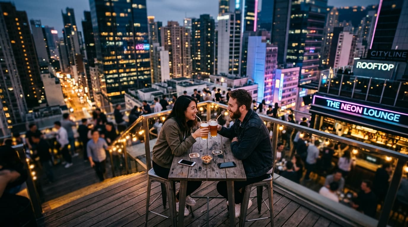 A tilt-shift selective focus shot from above at the CityLine rooftop, showing a couple sharing a craft beer at a high-top...