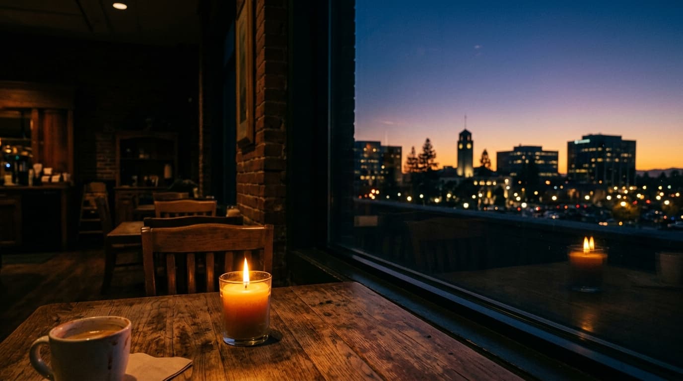 A candle flickers on a wooden table inside a dimly lit downtown cafe, casting a warm glow toward the window where the Sunn...