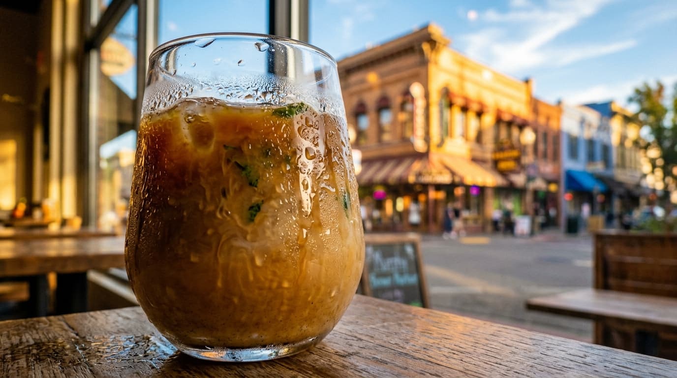 A tight 100mm macro shot captures condensation beading on a mint-flecked glass of iced coffee, reflecting the sun-drenched...