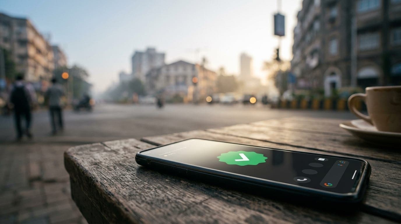 A macro close-up of a smartphone screen displaying a green "Verified" checkmark badge, resting on a weathered bistro table...