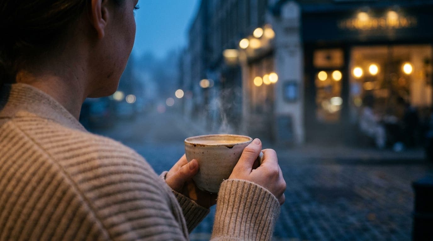An over-the-shoulder macro shot at blue hour. A woman in a soft beige cardigan holds a steaming ceramic latte mug at Spenc...