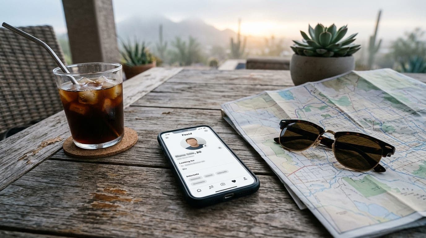 Overhead flat-lay on a weathered patio table in Surprise. A smartphone showing a Feeld profile rests beside a folded road...