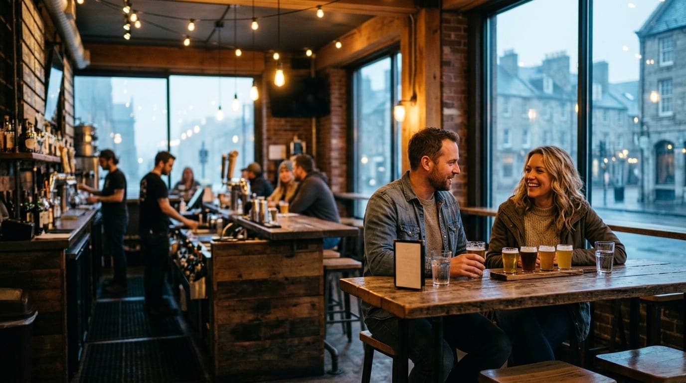 A couple sits at a rustic high-top table in a brewery. A flight of craft beer rests between them. Warm tungsten light spil...