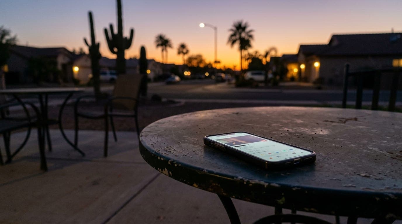 A 50mm natural perspective shot of a modern smartphone resting on a dusty patio bistro table in Surprise. The glowing scre...