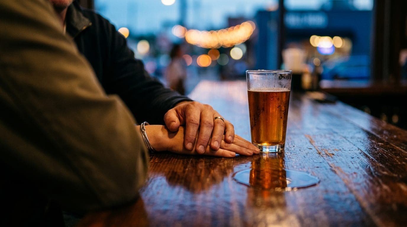 A 100mm macro shot captures a couple’s hands resting on a polished wooden bar at a brewery. A craft beer glass casts a sha...