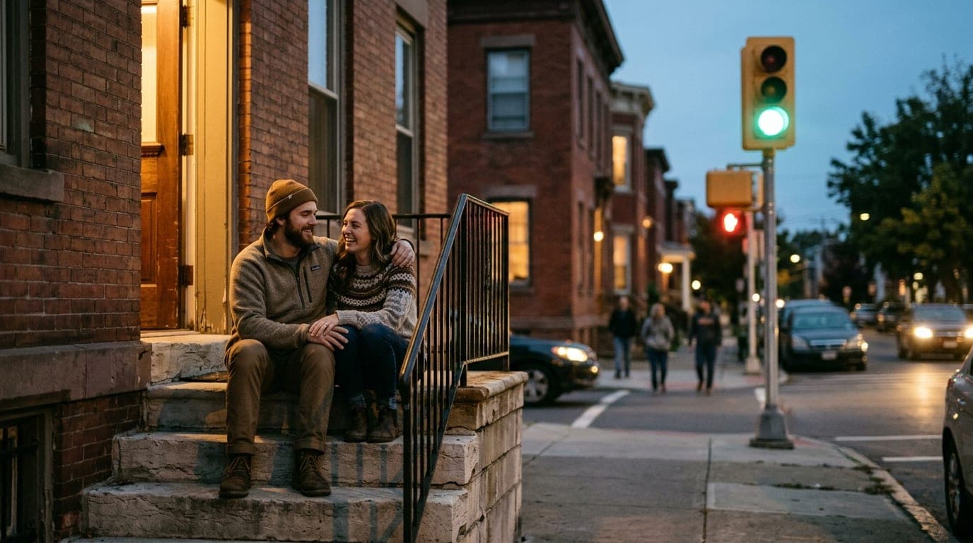 A couple sits on a limestone stoop in Tipperary Hill at night. Warm light spills from an open brownstone door, illuminatin...