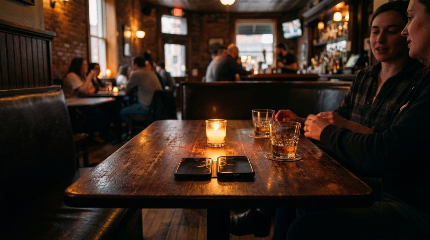 A medium shot centered in a dark, candle-lit booth at a Syracuse taproom. An open smartphone rests on the worn mahogany ta...