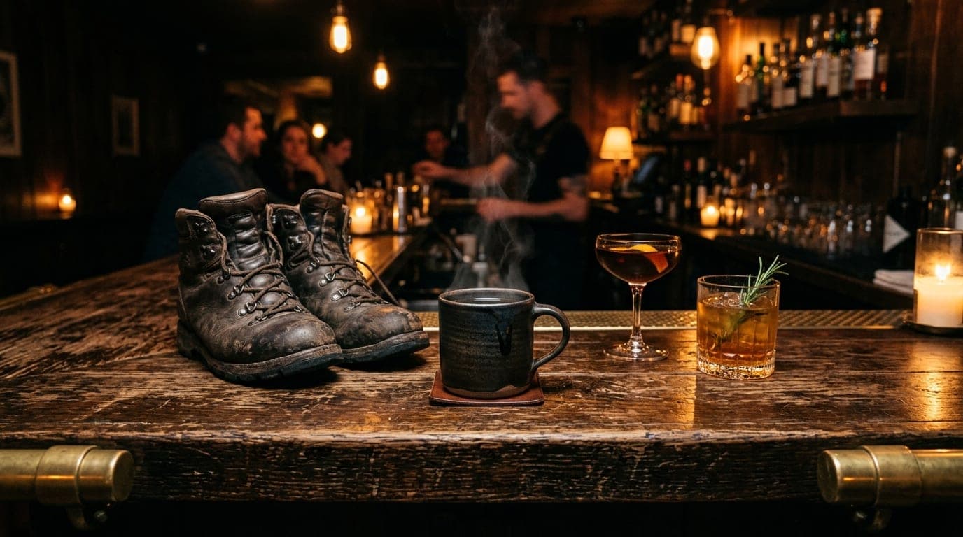 A low-angle shot of a rustic wooden bar top featuring a steaming ceramic coffee mug next to a worn pair of leather hiking...