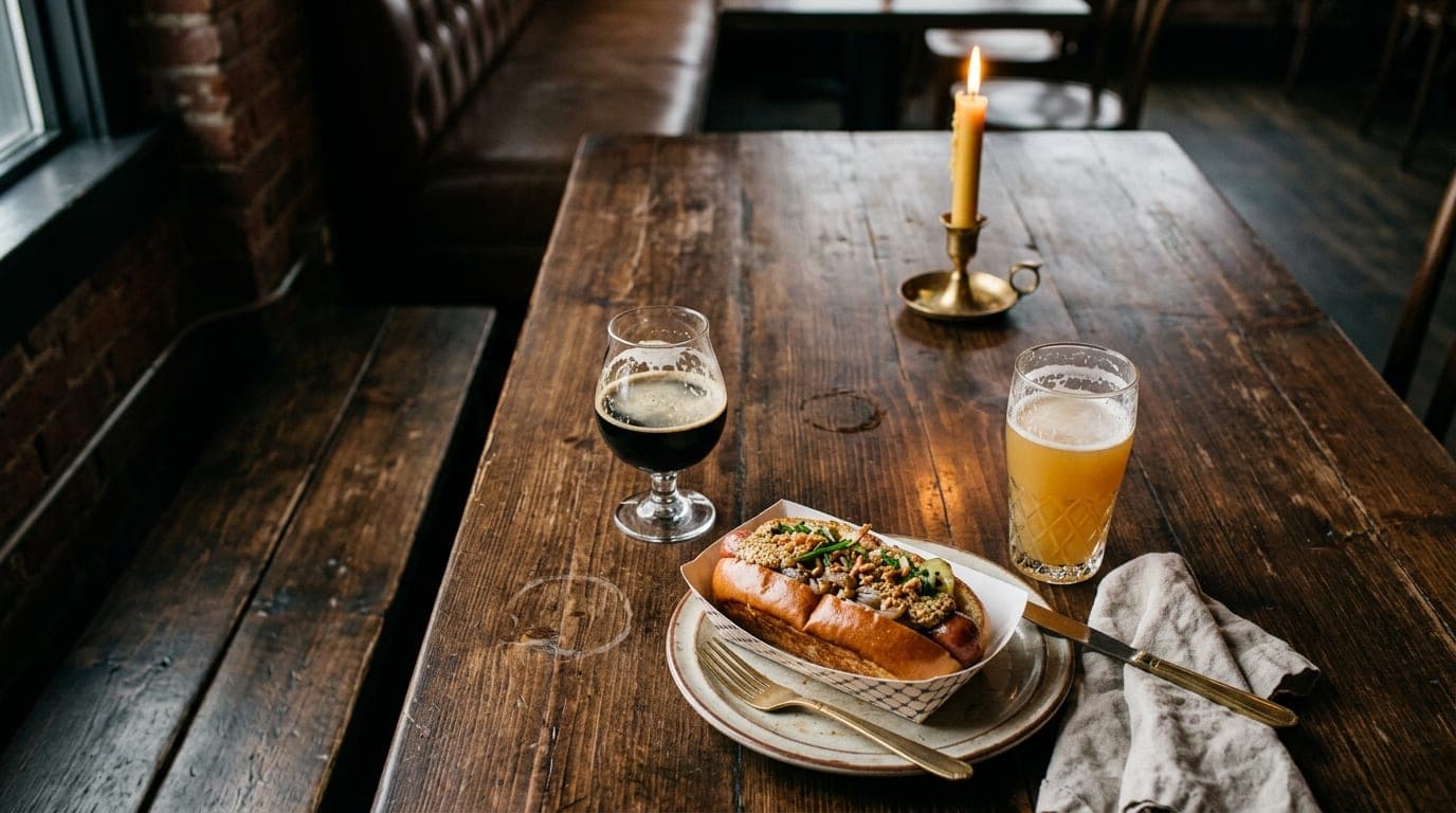 Overhead flat-lay of a wooden bistro table in a dim Tacoma lounge. Two half-empty craft beer glasses sit beside a gourmet...