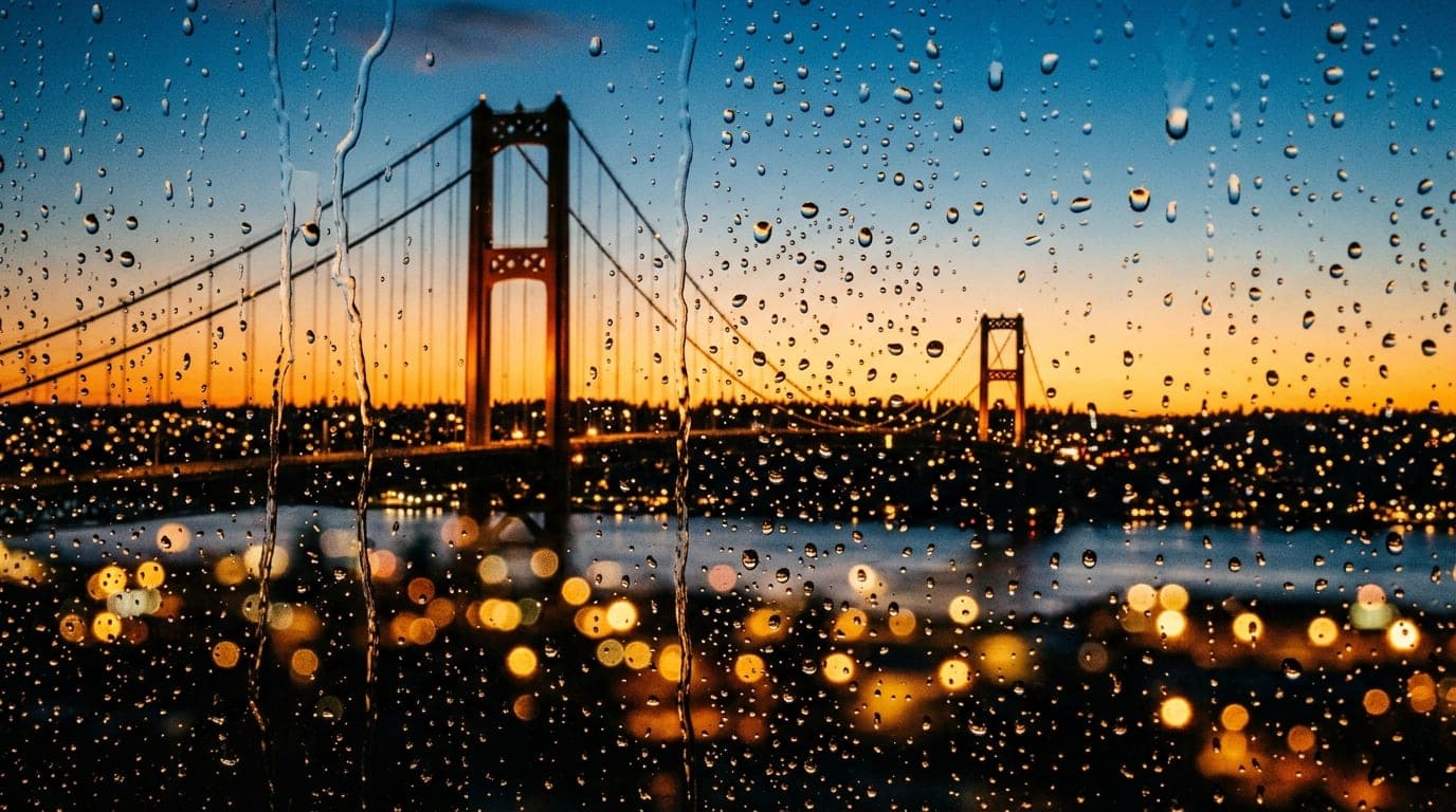 Extreme close-up macro of a rain-streaked window pane reflecting the glowing, amber silhouette of the Tacoma Narrows Bridg...