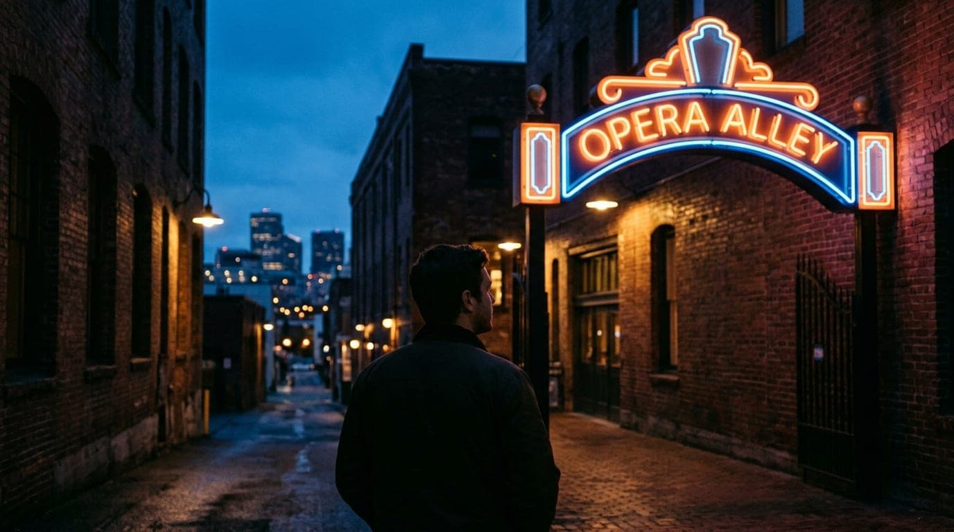 A low-angle 35mm documentary shot of the neon-lit, flickering signage of a historic Opera Alley entrance during blue hour,...