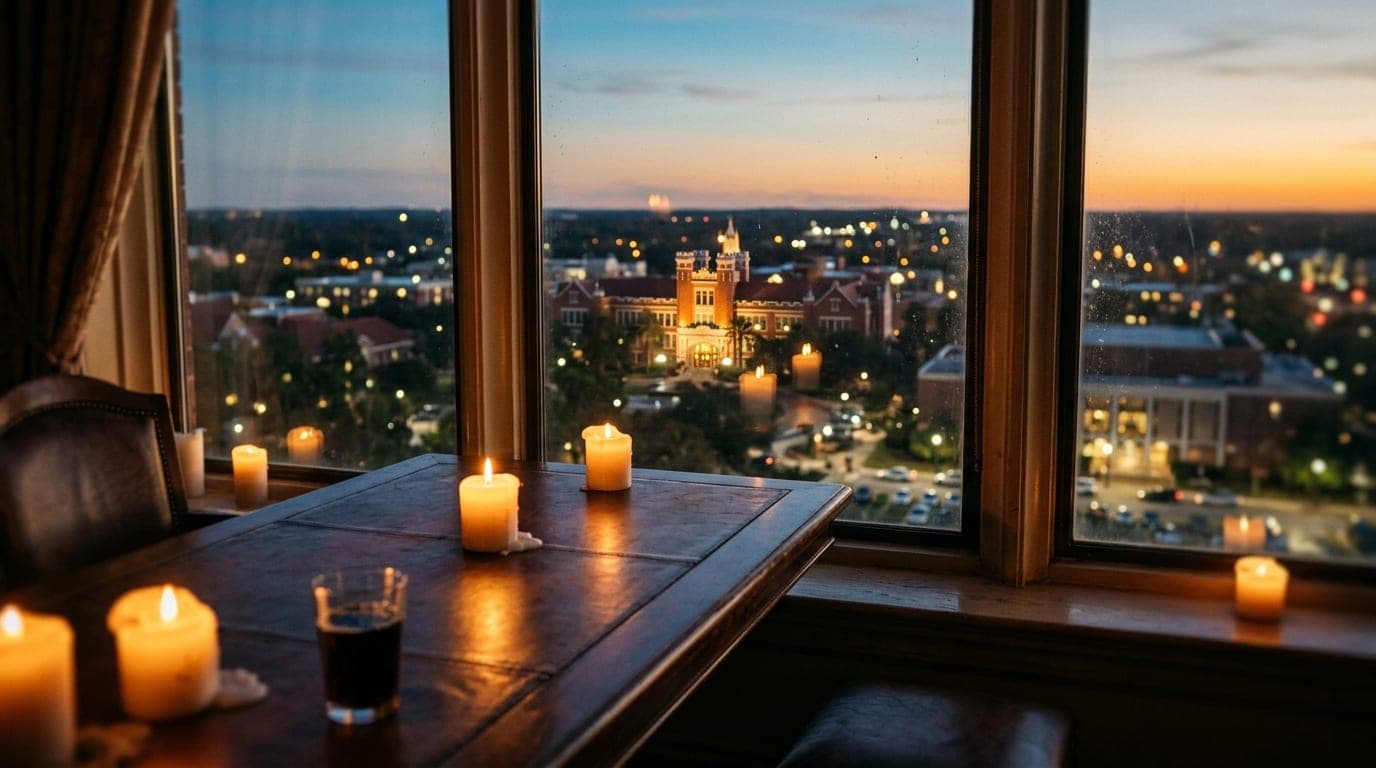 A tilt-shift, medium shot through a window draped in soft candlelight. Leading lines of a polished leather table guide the...
