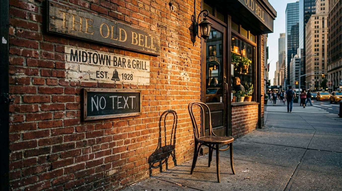 A close-up 35mm documentary shot shows the weathered brick exterior of a Midtown bar in noon sunlight. An empty wooden bis...