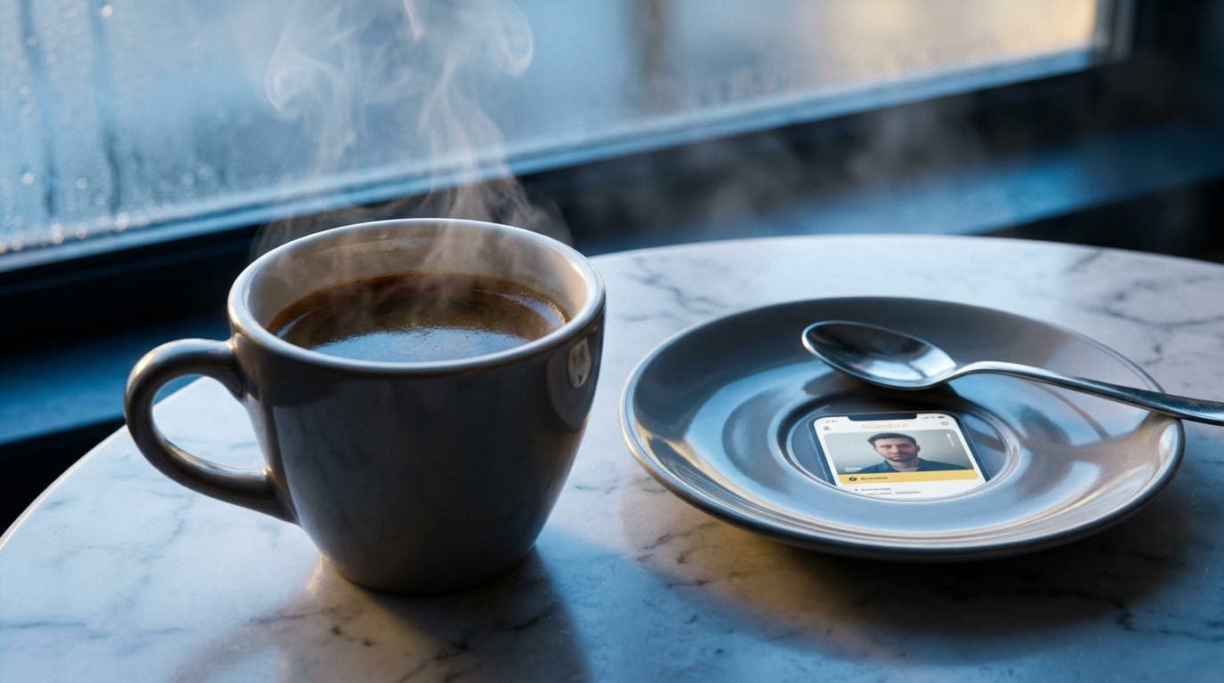 A tight, macro-lens shot of a steaming espresso cup on a marble bistro table at The Edison, with a professional smartphone...