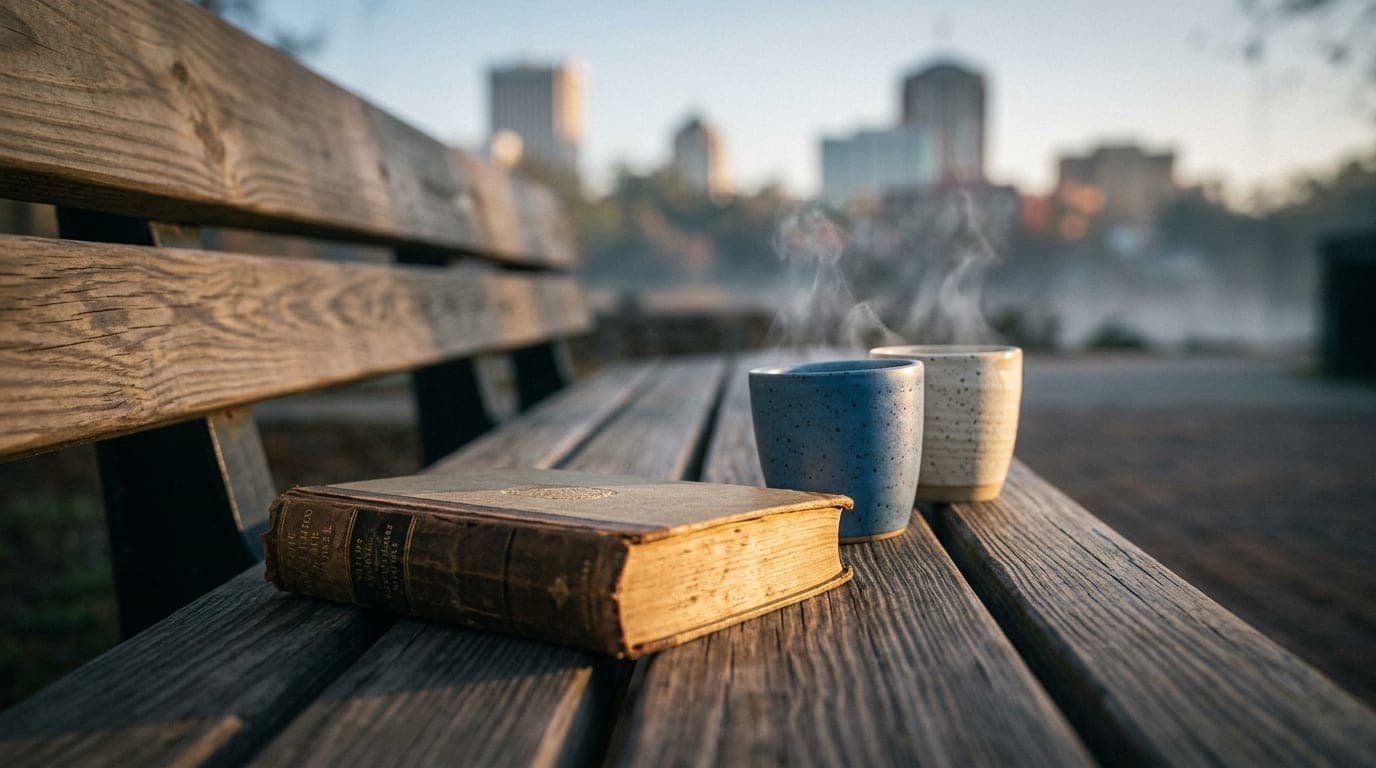 Golden hour sunlight hits a weathered antique book resting on a Cascades Park wooden bench; beside it, two ceramic coffee...