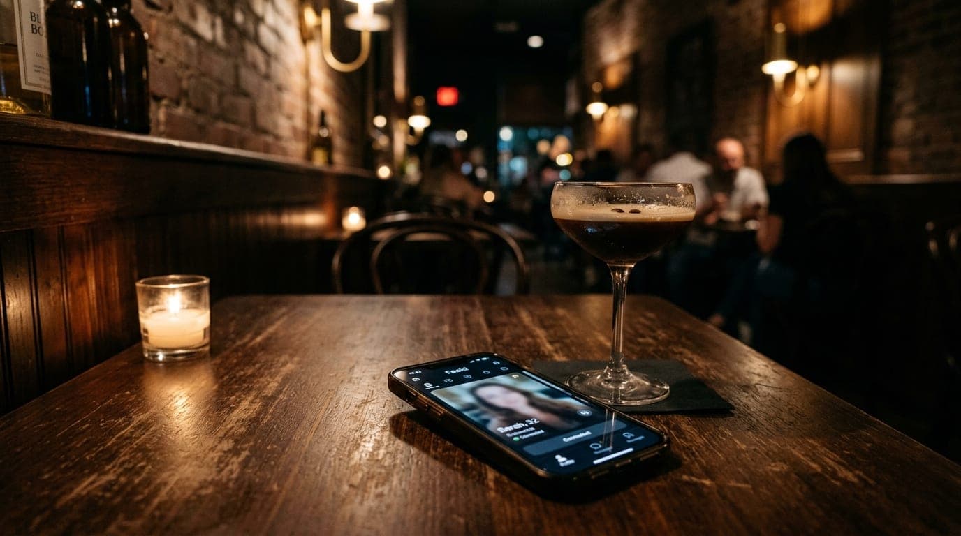 A low-angle hero shot of a dark-stained bistro table in a Midtown Tallahassee cafe. A single smartphone displaying a Feeld...