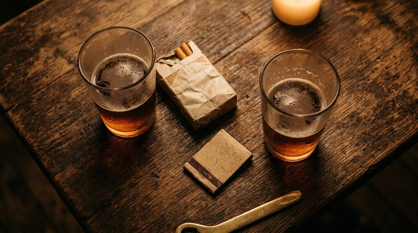Overhead flat-lay, 100mm macro shot of a weathered wooden table at The Wilbury. Two half-poured craft beers sit beside a c...