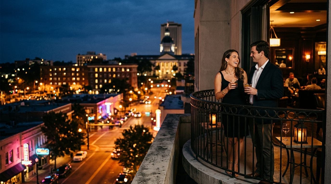 A couple in cocktail attire stands on a balcony overlooking downtown Tallahassee at night. Warm tungsten light spills from...