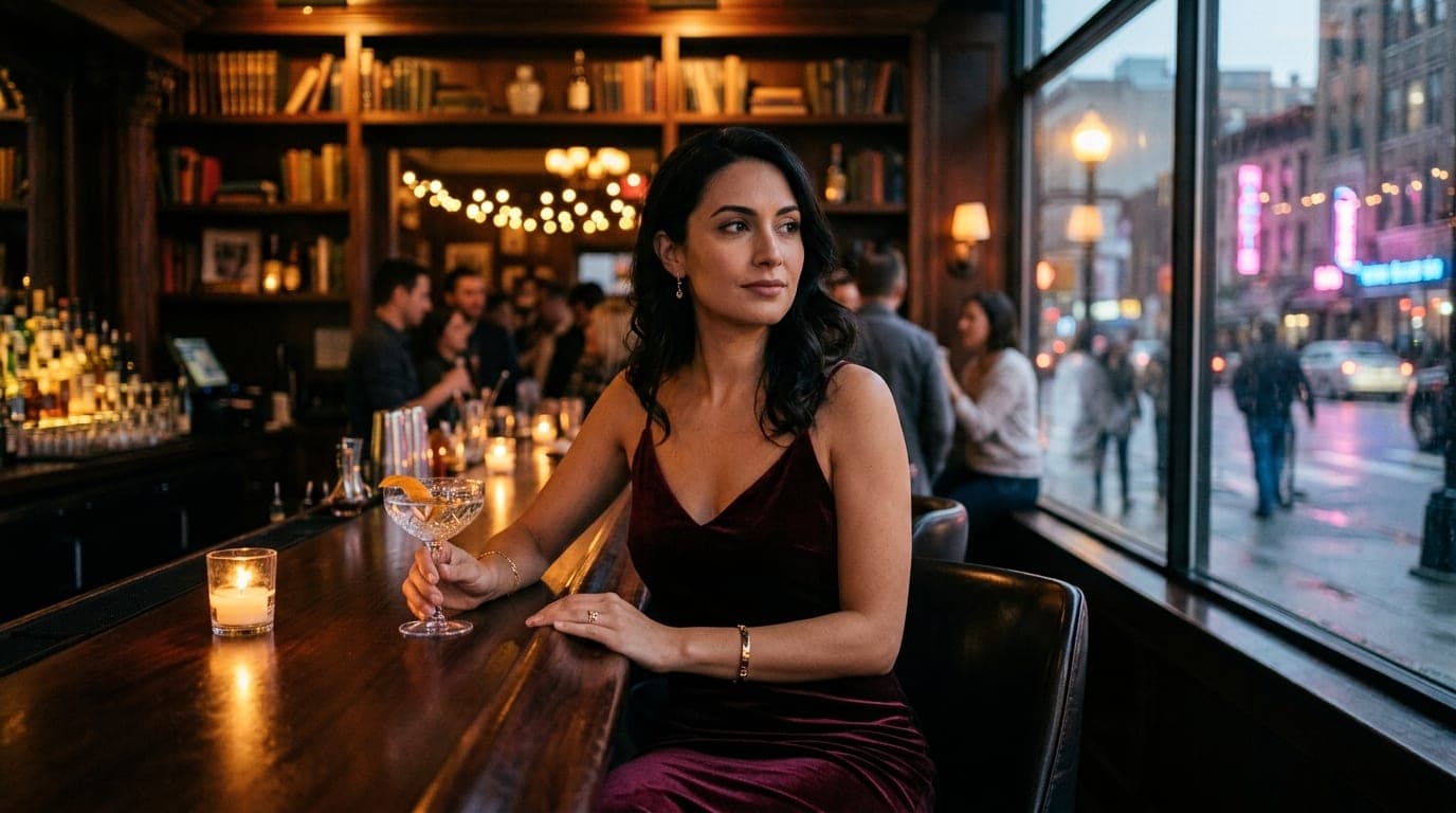 A woman in a velvet slip dress sits at a dimly lit mahogany bar, holding a craft cocktail. Soft candlelight illuminates he...